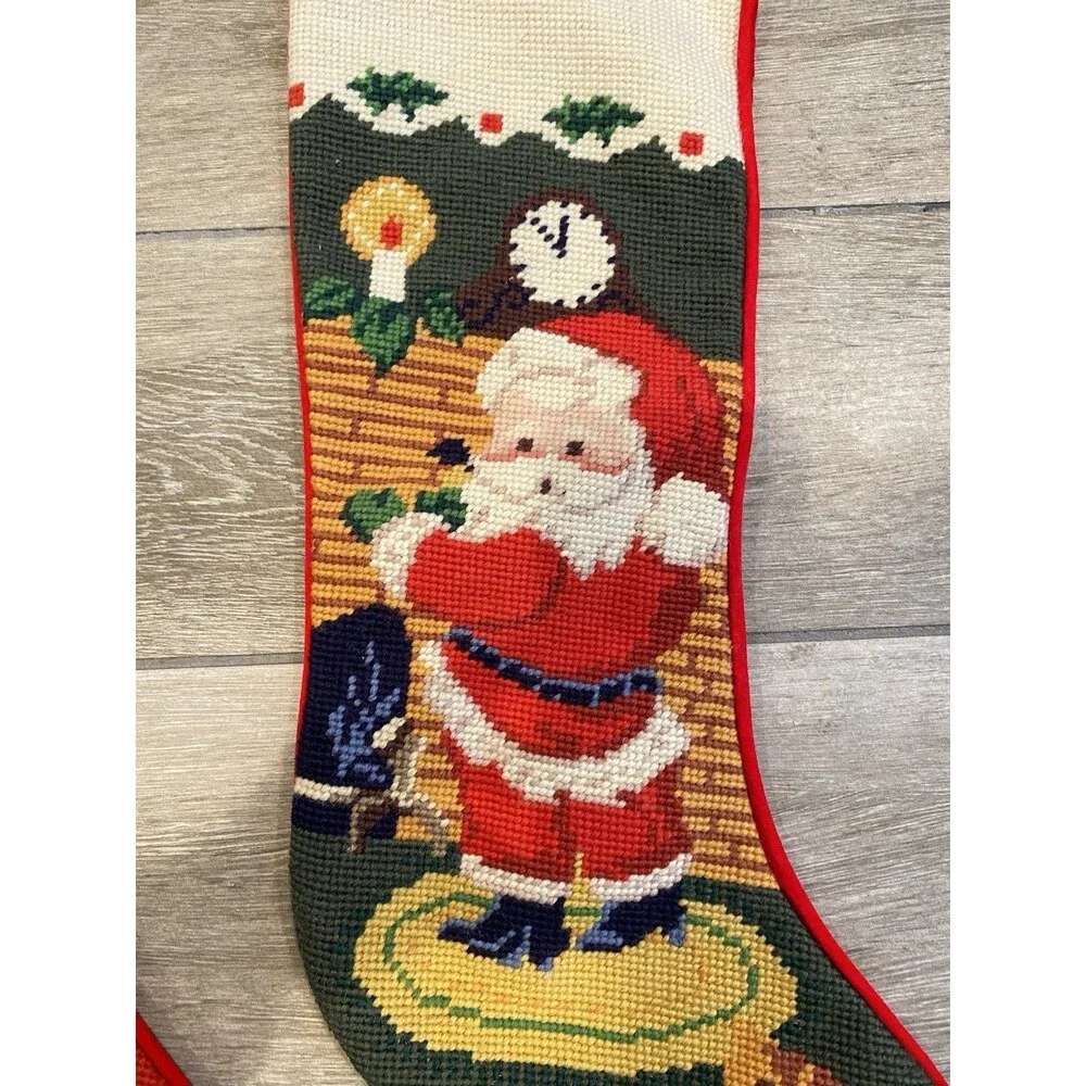 2x Vintage 1990s Needlepoint Hanging Christmas Stockings Santa And Cat